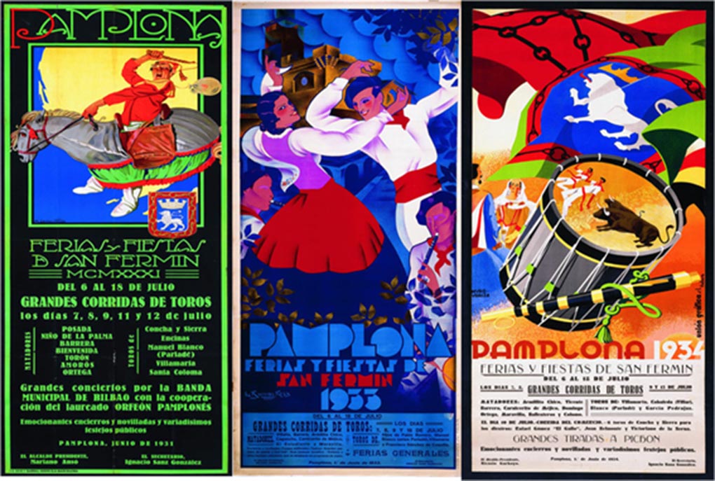 Los carteles de San Fermín de la época republicana de 1931, 1933 y 1934 en los que se programó las corridas en días discontinuos. 