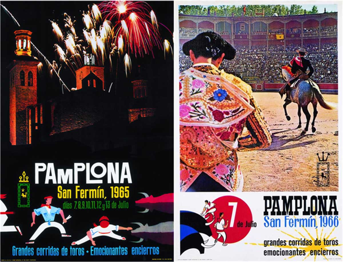 Los dos carteles de Ardanaz de las fiestas de San Fermín de los años 1965 y 1966 . 