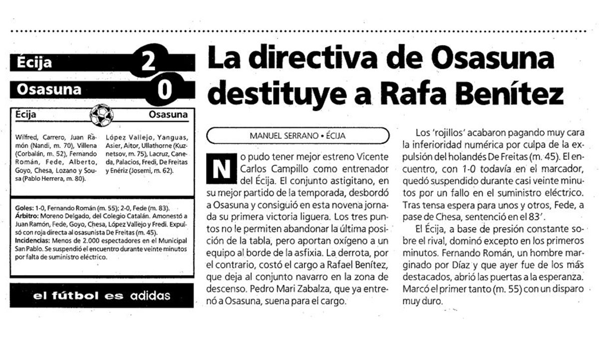 Crónica del partido Écija - Osasuna en El Mundo Deportivo el 4 de noviembre de 1996. 